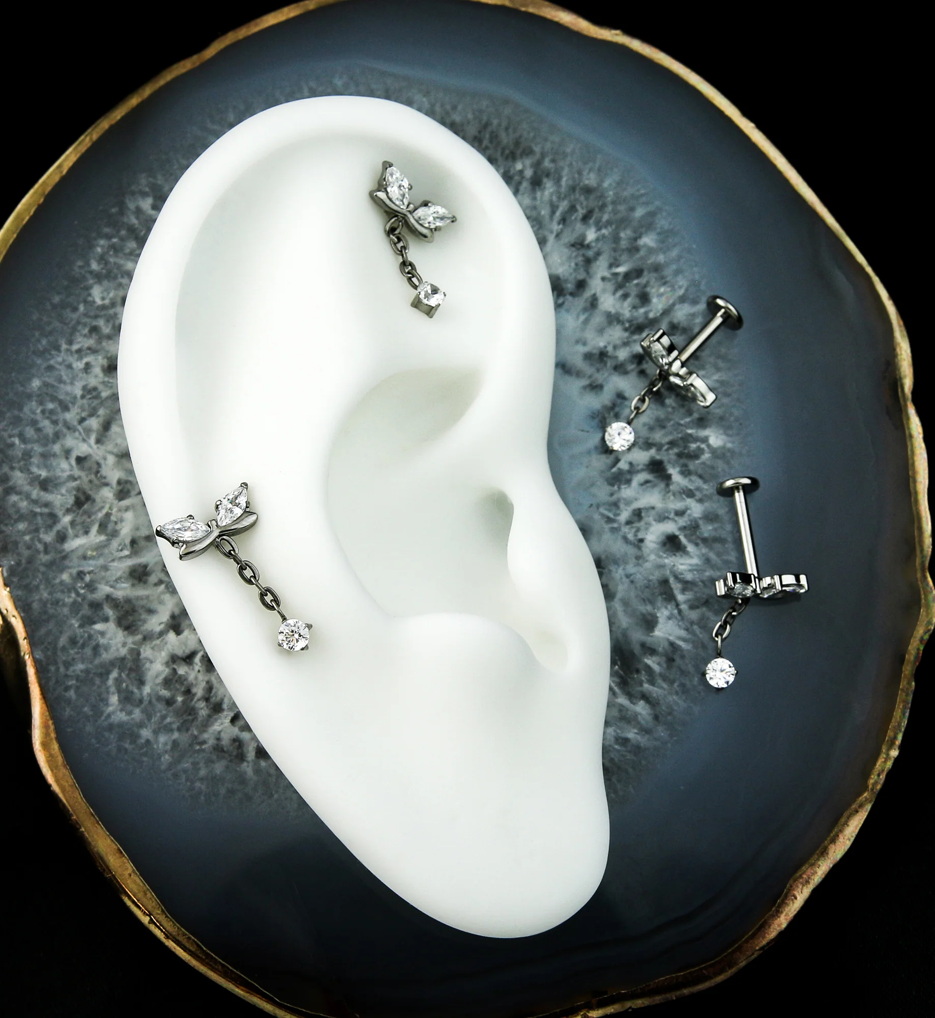 Marquise Bow Clear CZ Dangle Internally Threaded Titanium Labret Post - Image 2