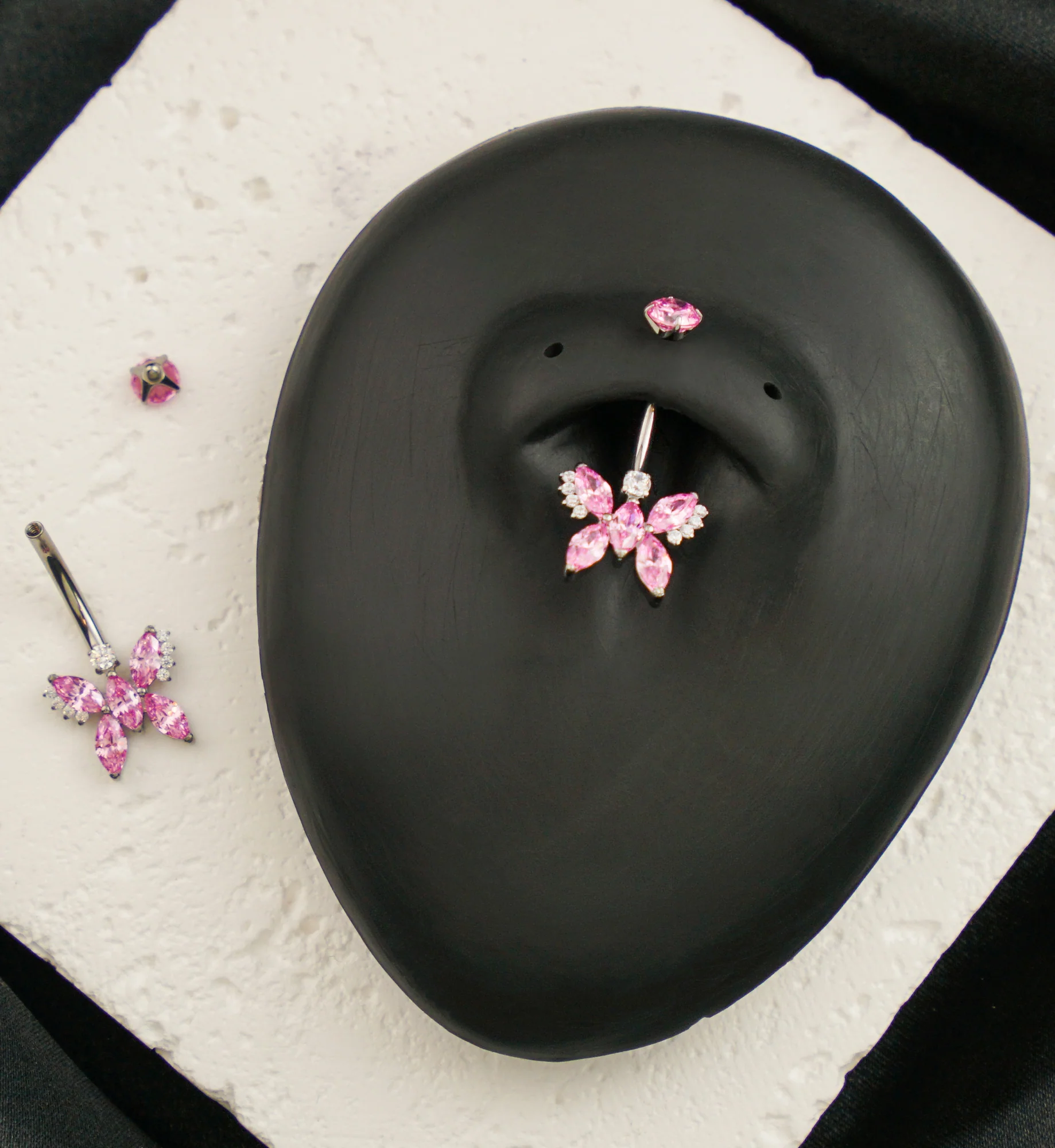 Marquise Butterfly Pink CZ Titanium Internally Threaded Belly Button Ring - Image 2