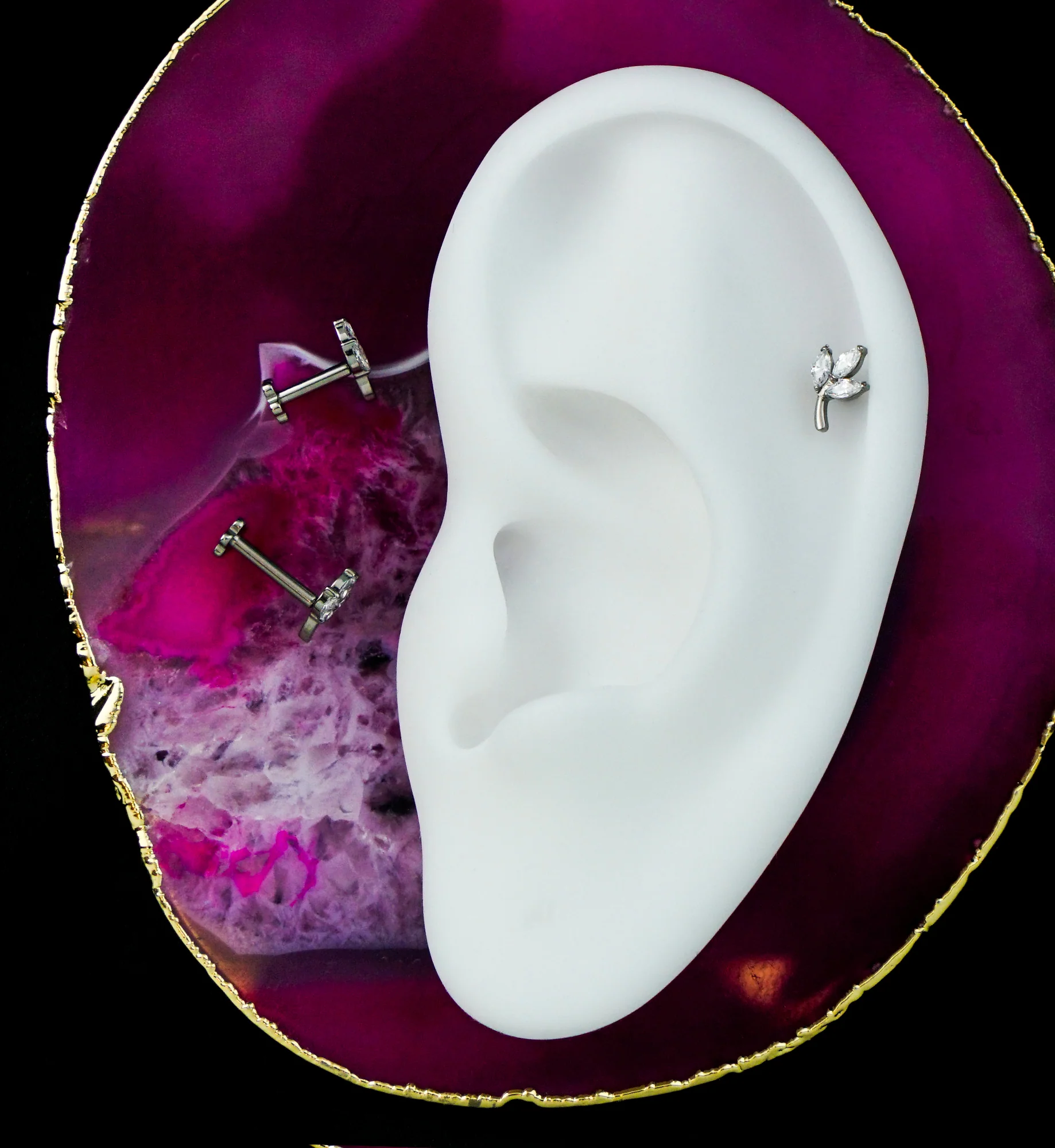 Marquise Leaf Clear CZ Flower Back Titanium Threadless Labret - Image 2