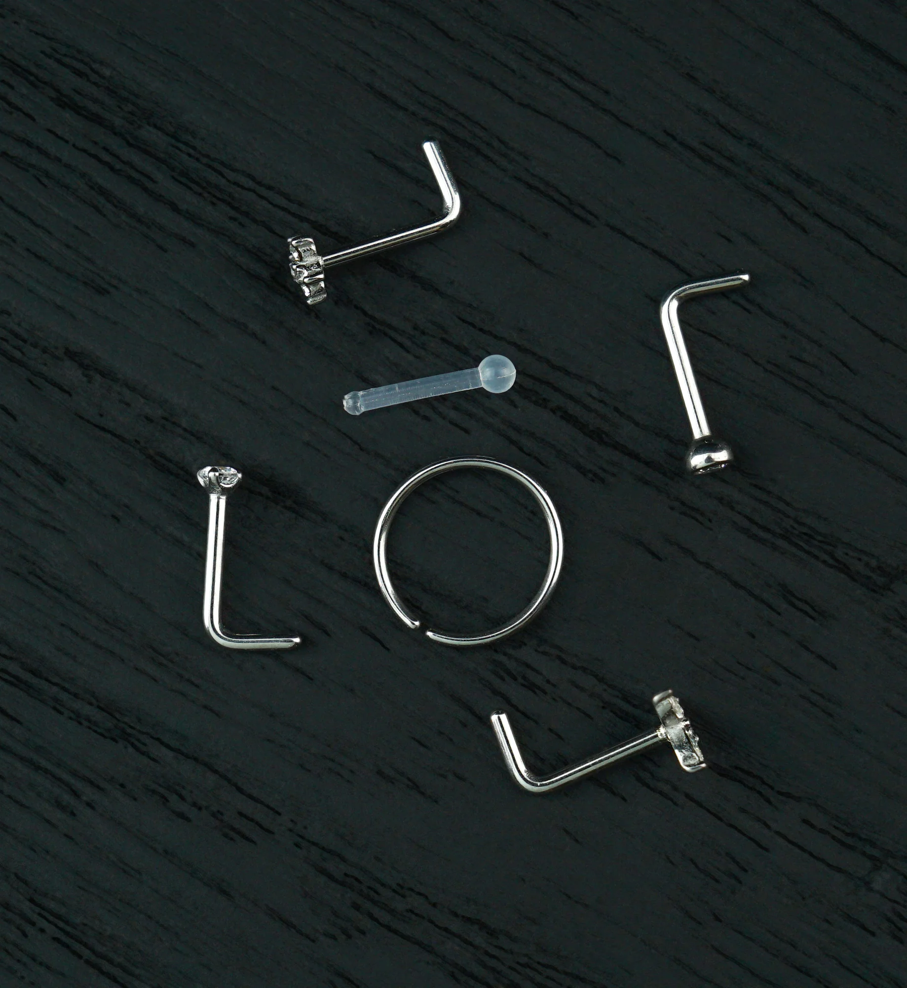 Meadow Clear CZ Stainless Steel L Bend/Stud/Hoop Nose Ring Pack (6 Pc)