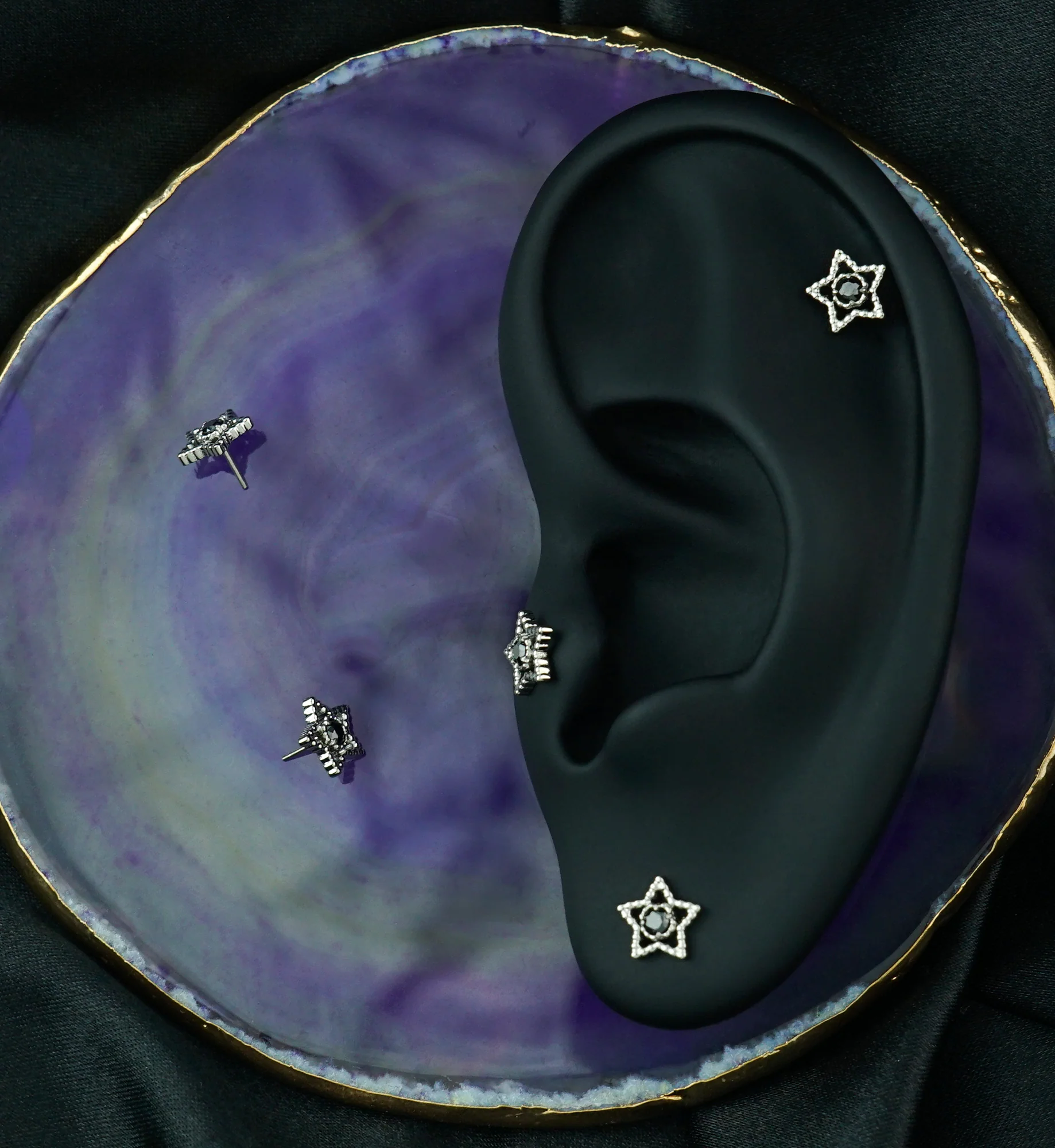 Milgrain Star Black CZ Titanium Threadless Top - Image 2