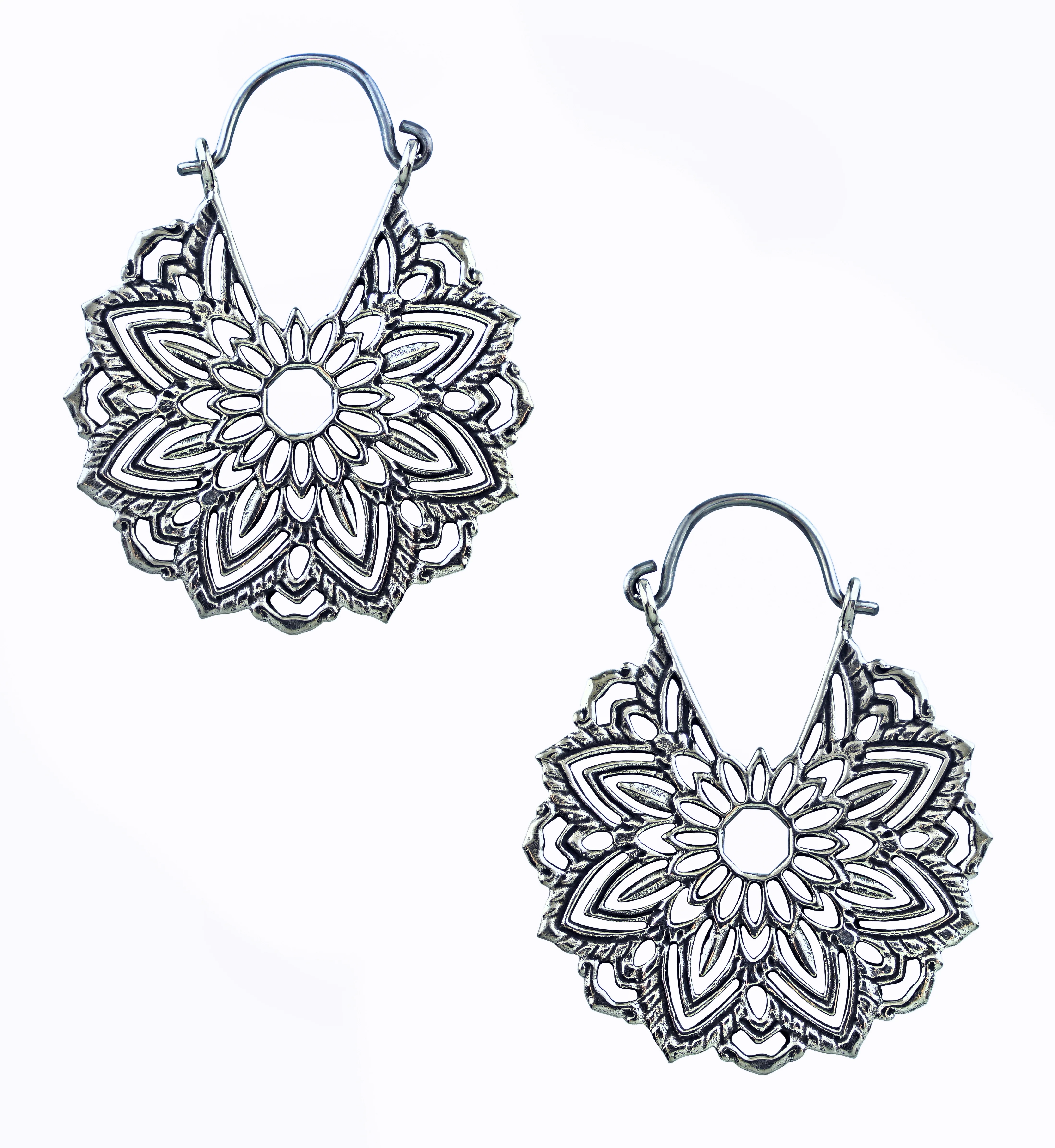 Mini Mandala White Brass Plug Hoops / Earrings