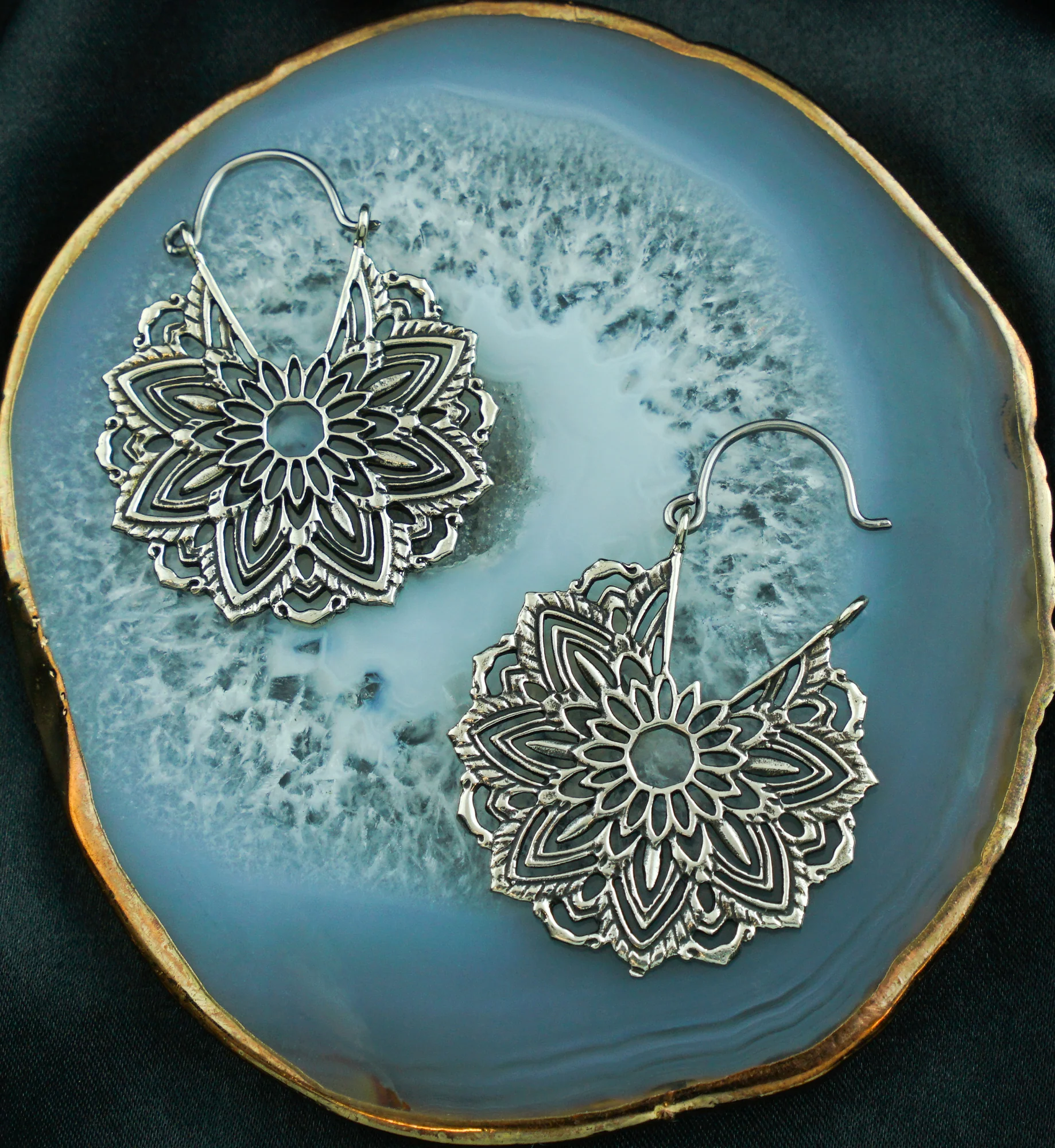 Mini Mandala White Brass Plug Hoops / Earrings - Image 2