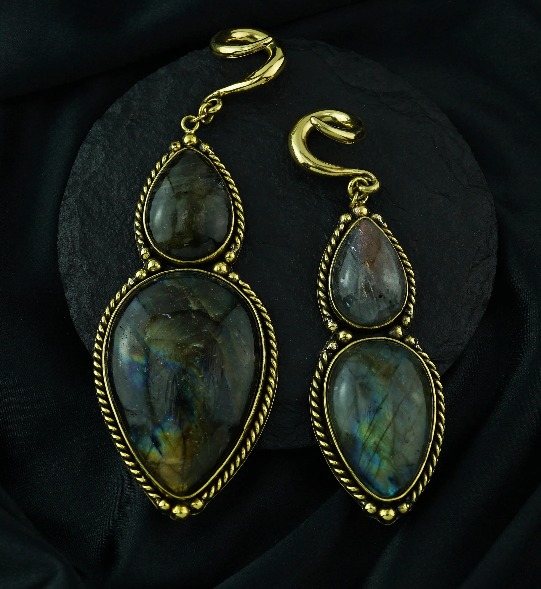 Mirrors Labradorite Stone Hanging Brass Ear Weights - Image 2