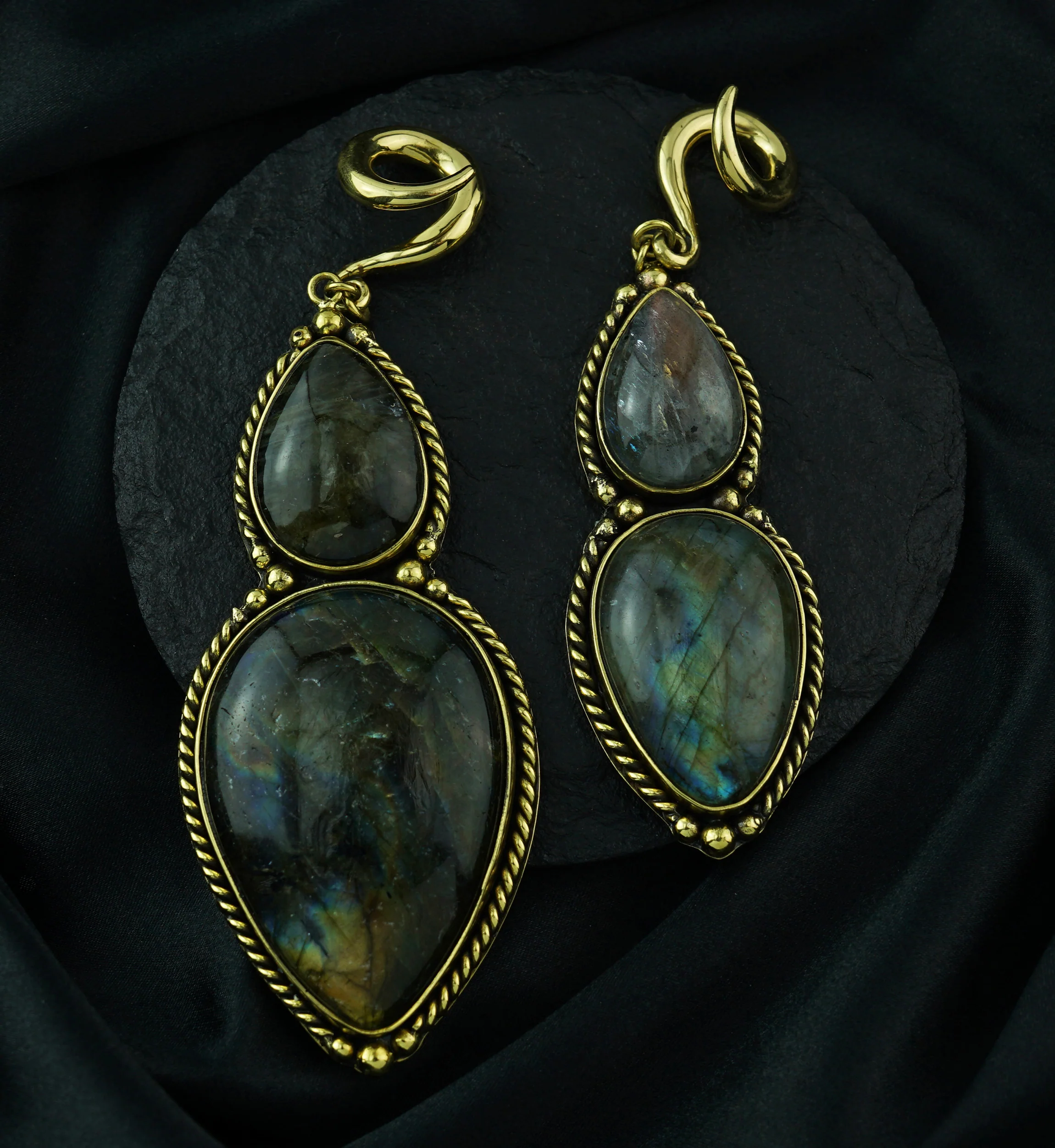 Mirrors Labradorite Stone Hanging Brass Ear Weights - Image 3