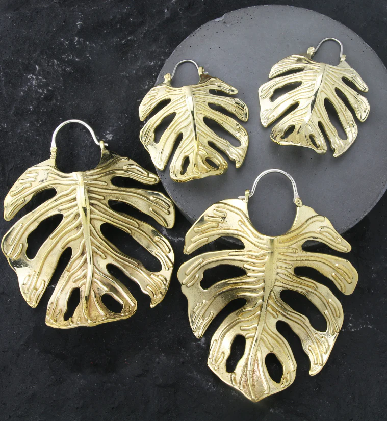 Monstera Variegata Leaf Brass Hangers / Earrings - Image 2