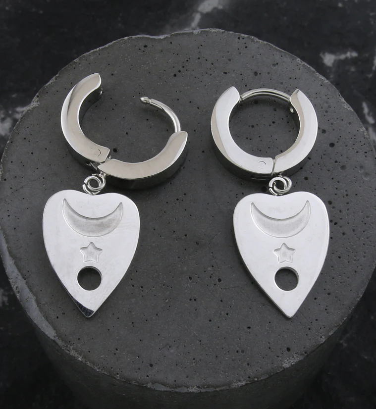 Moon and Star Planchette Stainless Steel Hoop Huggie Earrings - Image 2