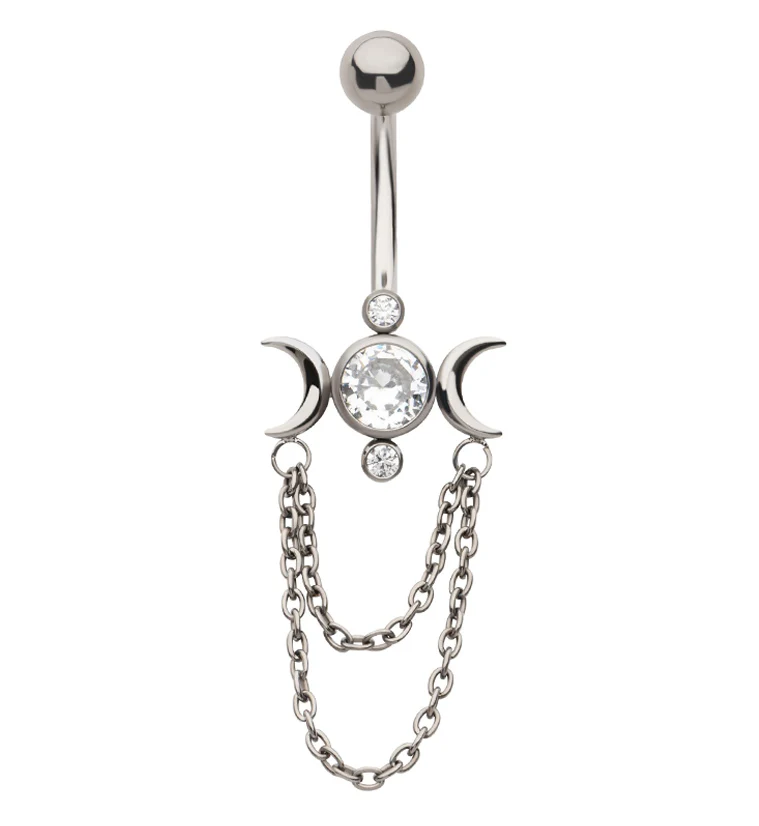 Moon Phase Clear CZ Double Dangle Chain Internally Threaded Titanium Belly Button Ring