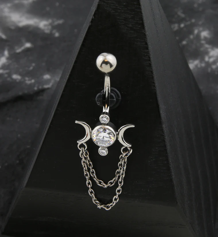 Moon Phase Clear CZ Double Dangle Chain Internally Threaded Titanium Belly Button Ring - Image 2