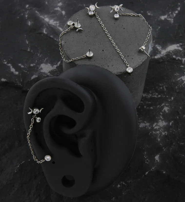 Moon Phase Clear CZ Titanium Threadless Connector Chain Tops - Image 2