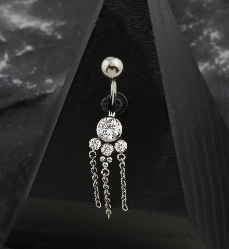 Multi Chain Trio Clear CZ Internally Threaded Titanium Belly Button Ring - Image 2