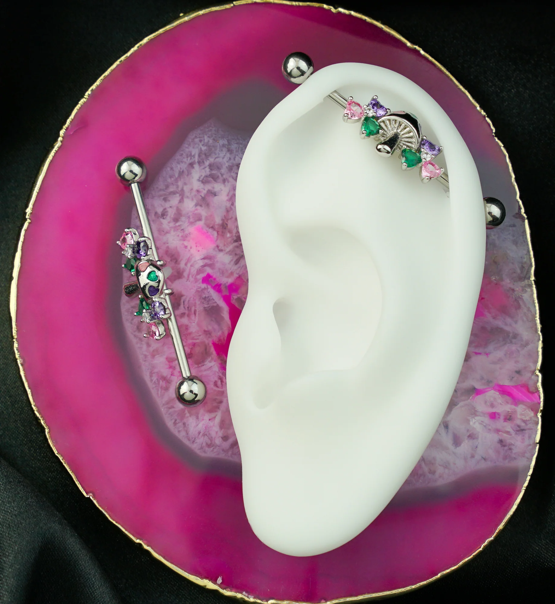 Mushroom Rainbow Heart CZ Stainless Steel Industrial Barbell - Image 2