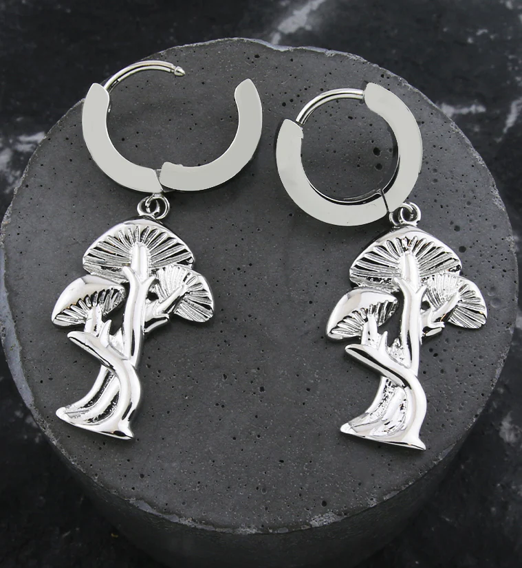 Mushroom Trio Stainless Steel Hoop Huggie Earrings - Image 2