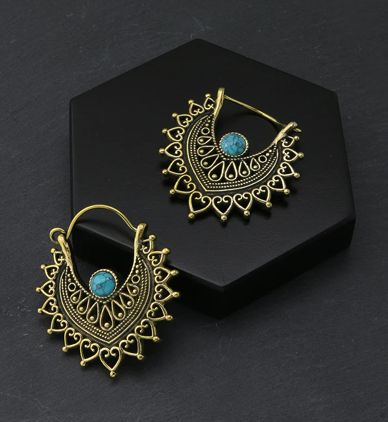 Noble Howlite Turquoise Stone Inlay Brass Hangers / Earrings - Image 2