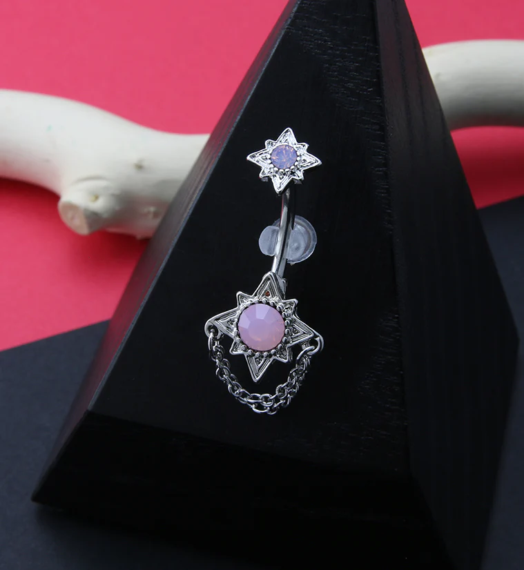North Star Pink Opalite Dangle Chain Belly Button Ring - Image 2