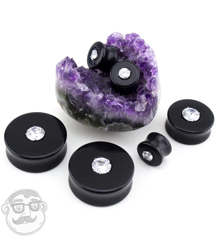 Obsidian Stone Plugs with CZ Inlay - Image 2