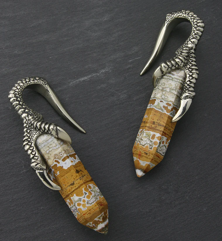 Ocean Jasper Stone Raven Claw White Brass Ear Weights - Image 2