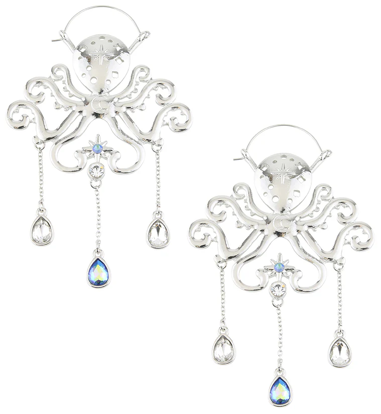 Octopus Teardrop Rainbow Aurora Dangle Stainless Steel Plug Hoops