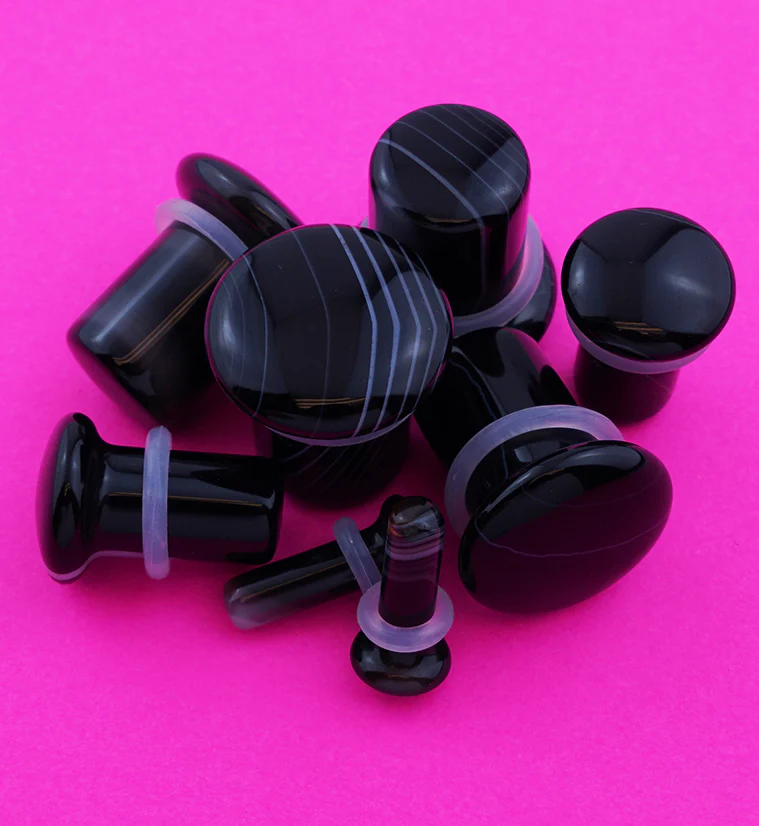 Black Line Agate Single Flare Stone Plugs - Image 3