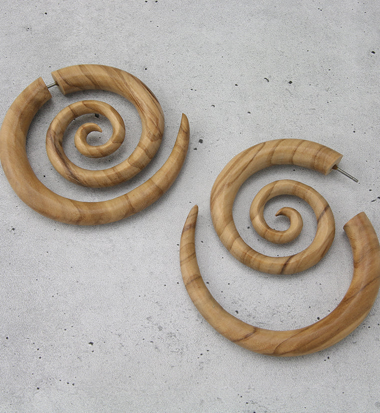 Olive Wood Fake Gauge Spiral Earrings - Image 2