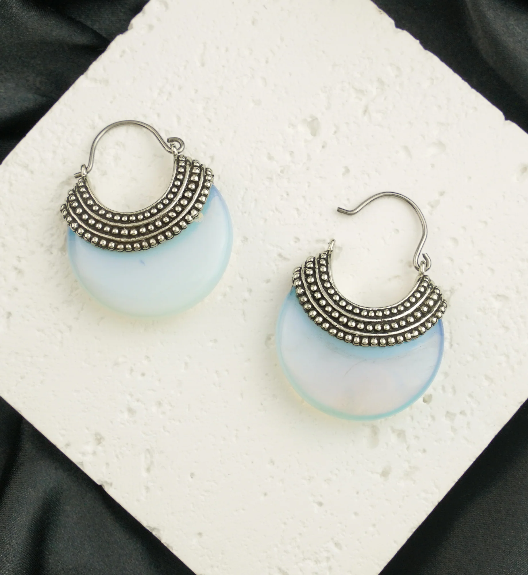Opalite Glass Beaded White Brass Earrings - Image 2