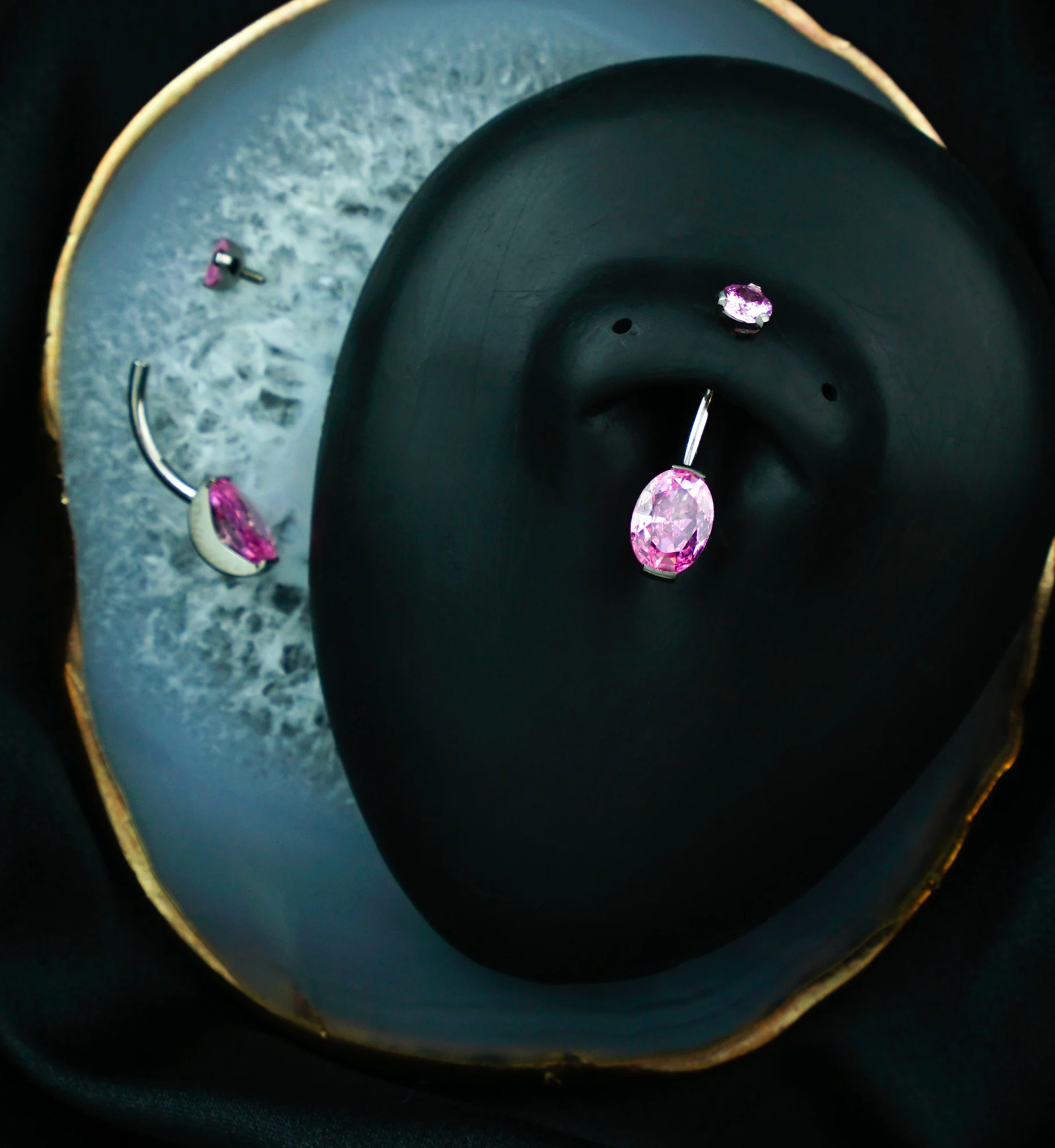 Oval Pink CZ Titanium Belly Button Ring - Image 2