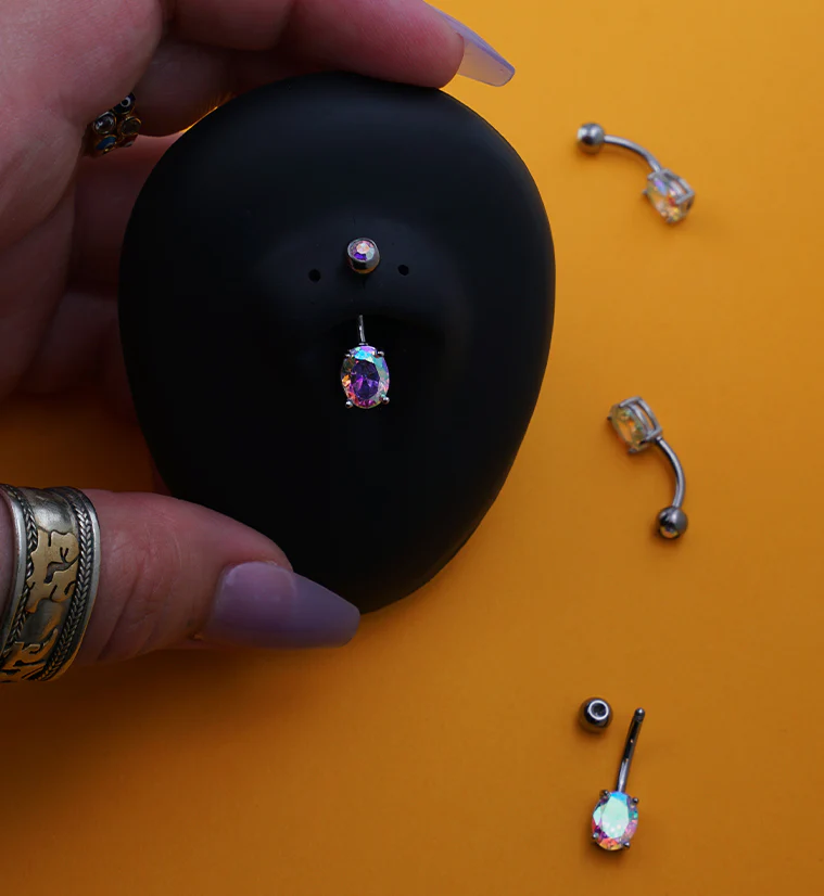 Oval Prong Rainbow Aurora CZ Titanium Belly Button Ring - Image 2