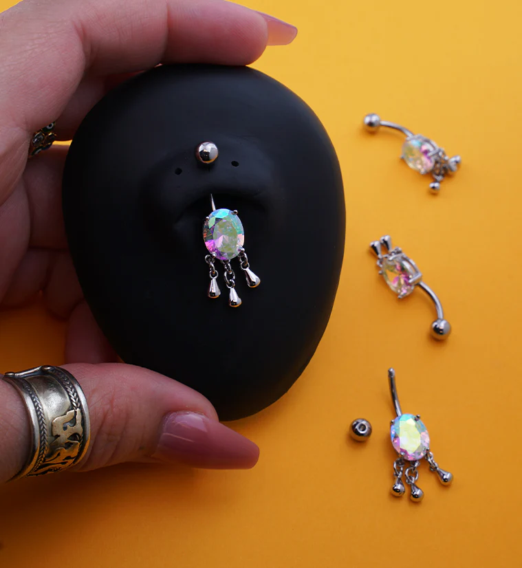 Oval Rainbow Aurora CZ Dangle Drops Stainless Steel Belly Button Ring - Image 2
