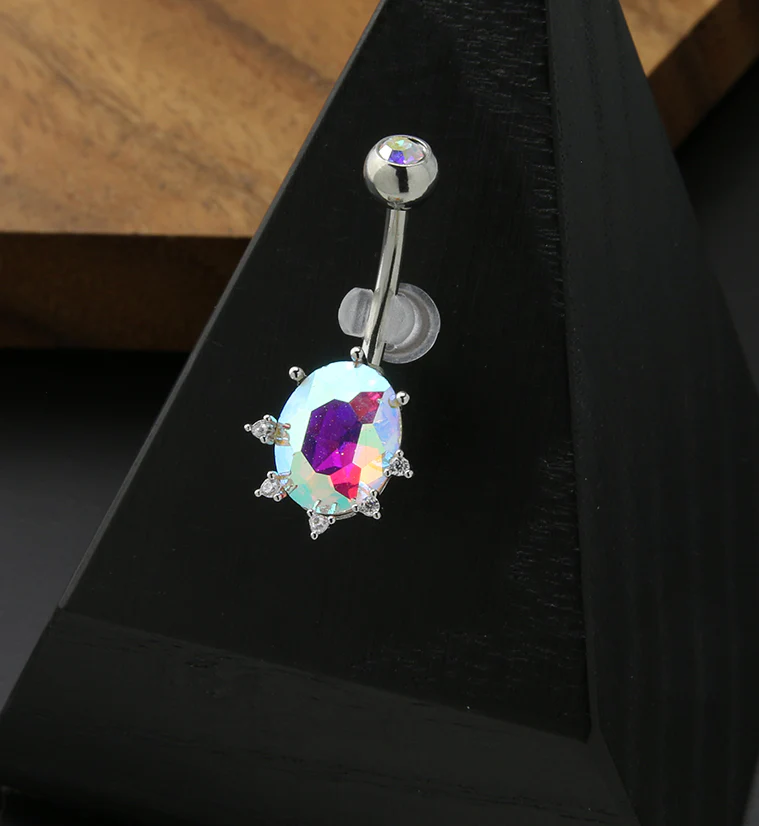 Oval Rainbow Aurora CZ Stainless Steel Belly Button Ring - Image 2