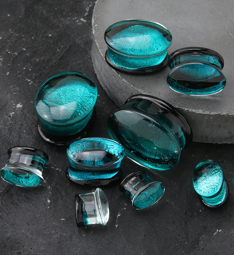 Oval Teal Dichroic Glass Double Flare Plugs - Image 3