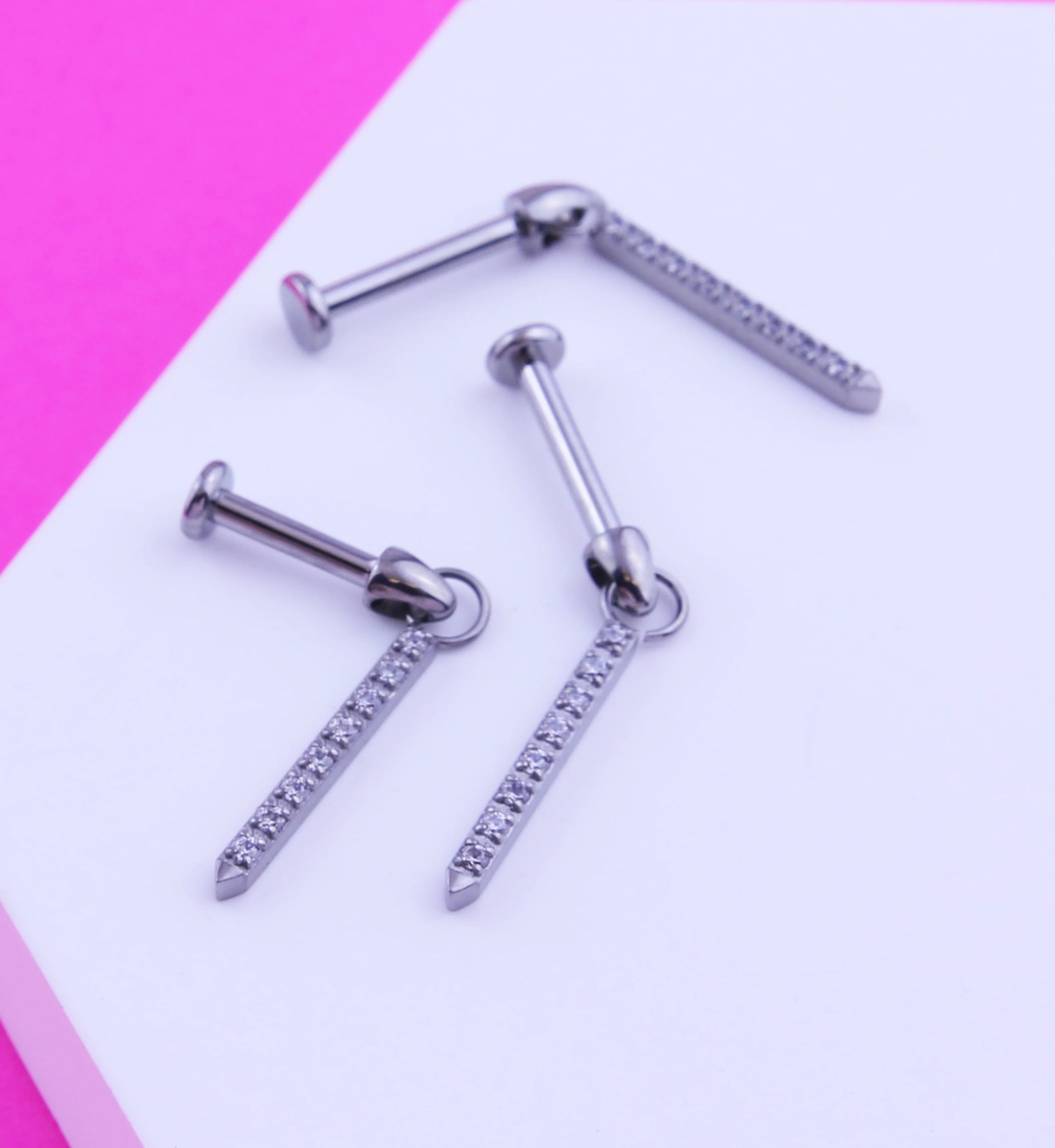 Pave Clear CZ Dangle Post Internally Threaded Titanium Labret - Image 2
