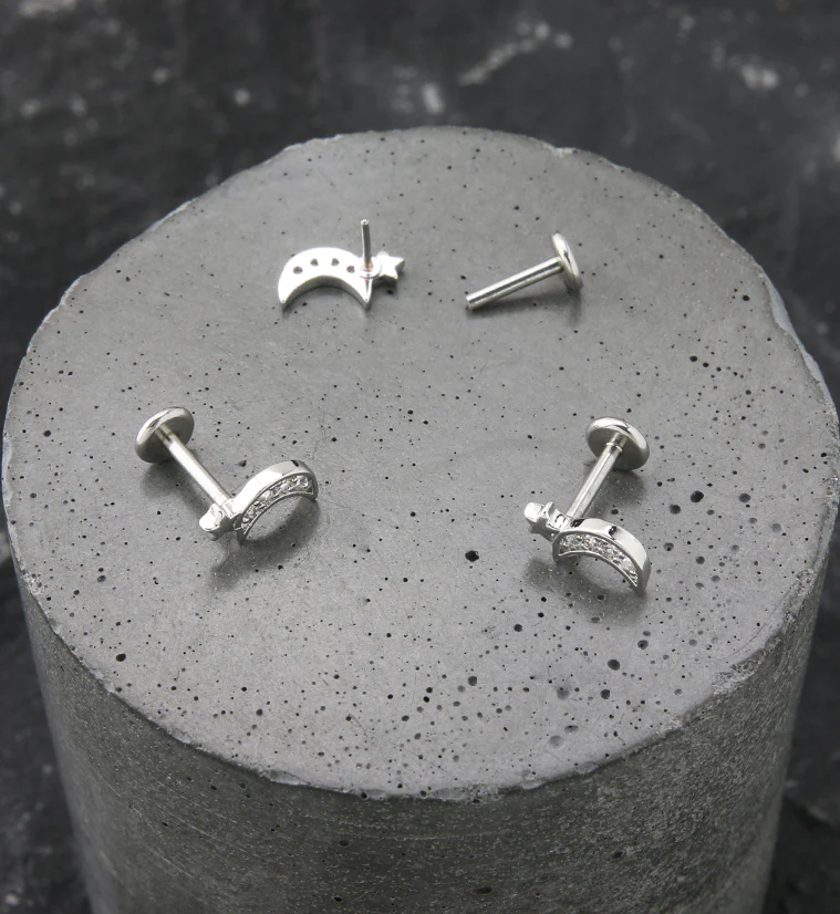 Pave CZ Half Moon Star Stainless Steel Threadless Labret - Image 2