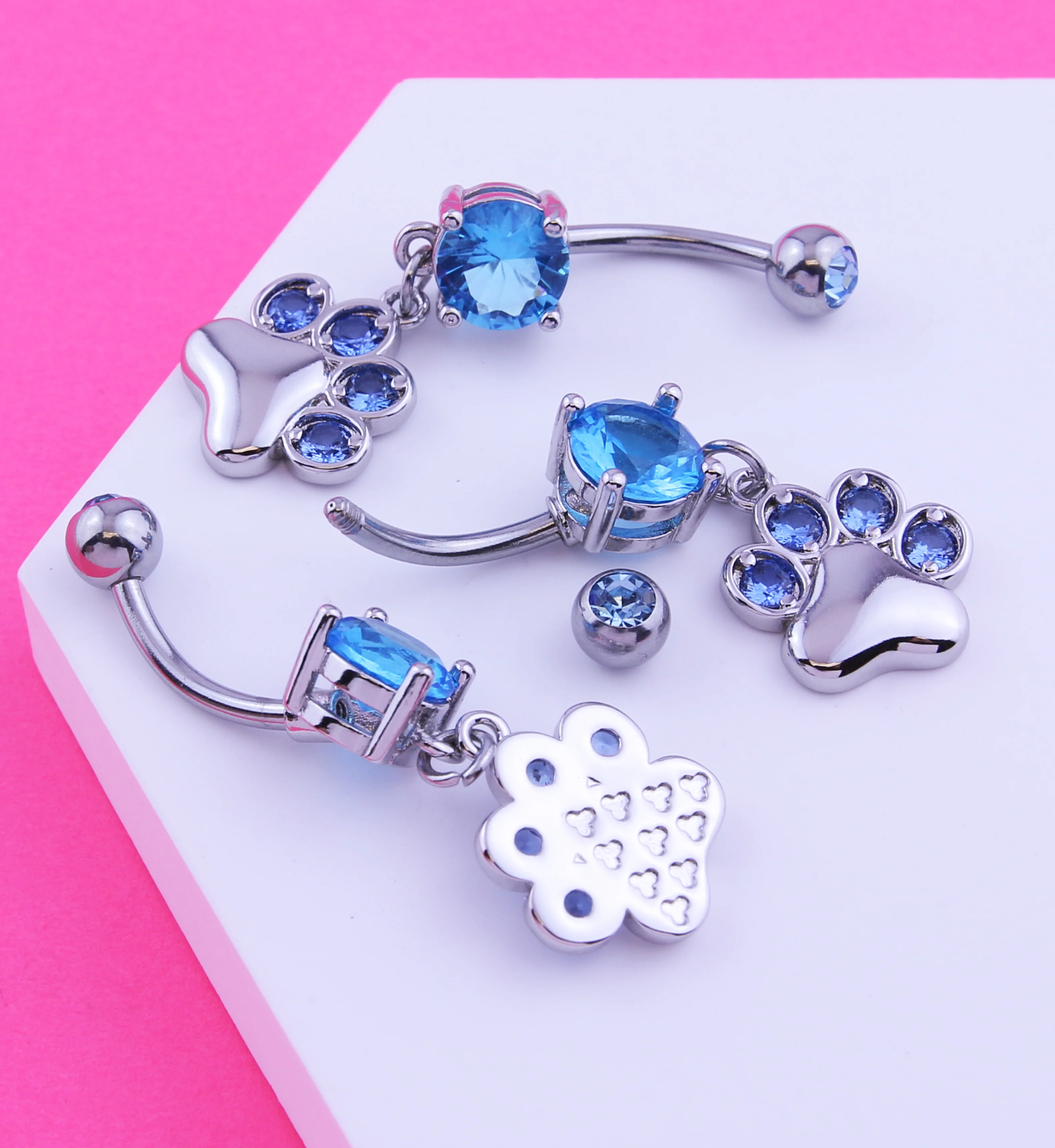 Paw Print Dangle Aqua CZ Stainless Steel Belly Button Ring - Image 2