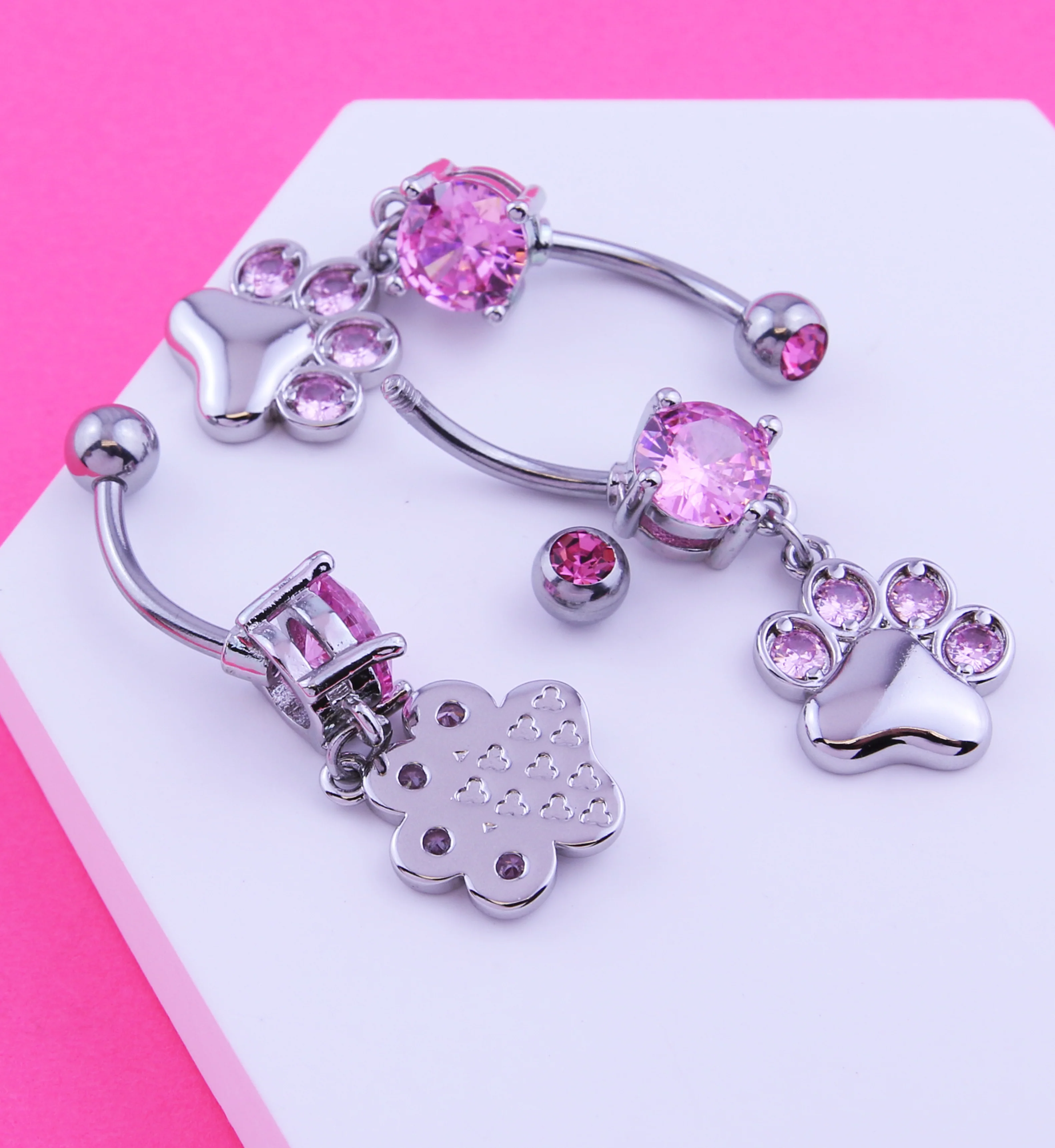 Paw Print Dangle Pink CZ Stainless Steel Belly Button Ring - Image 2