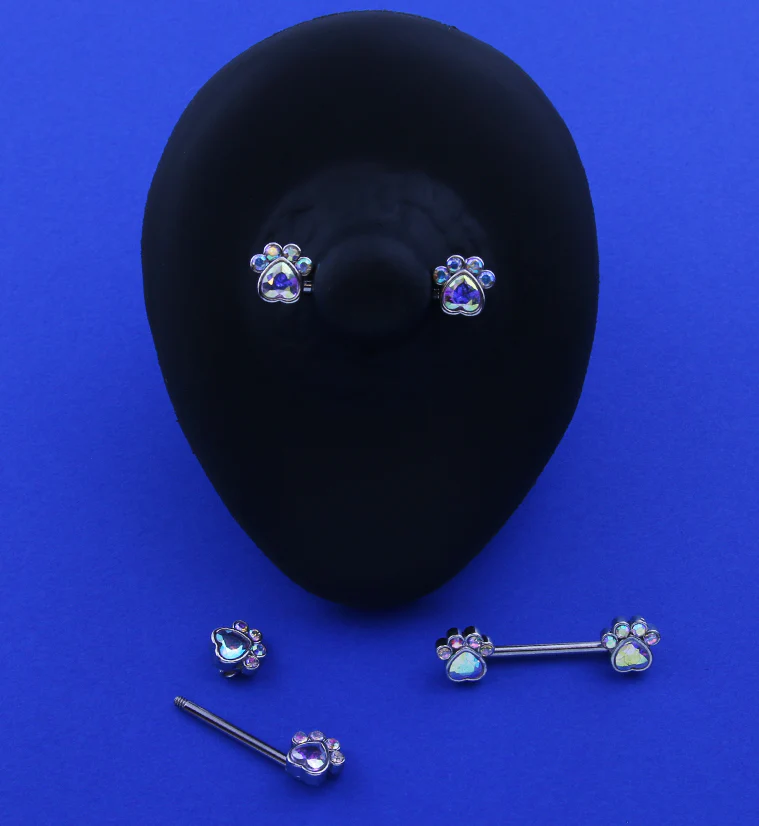 Paw Print Rainbow Aurora CZ Stainless Steel Nipple Barbell - Image 2