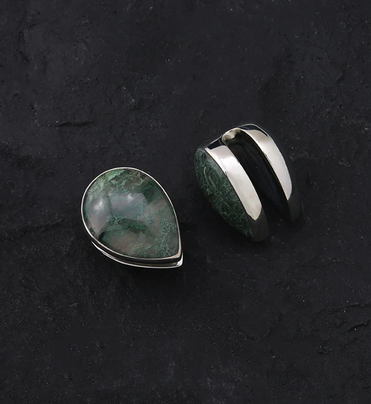 Peak Green Moss Agate Stone White Brass Ear Weights - Image 2