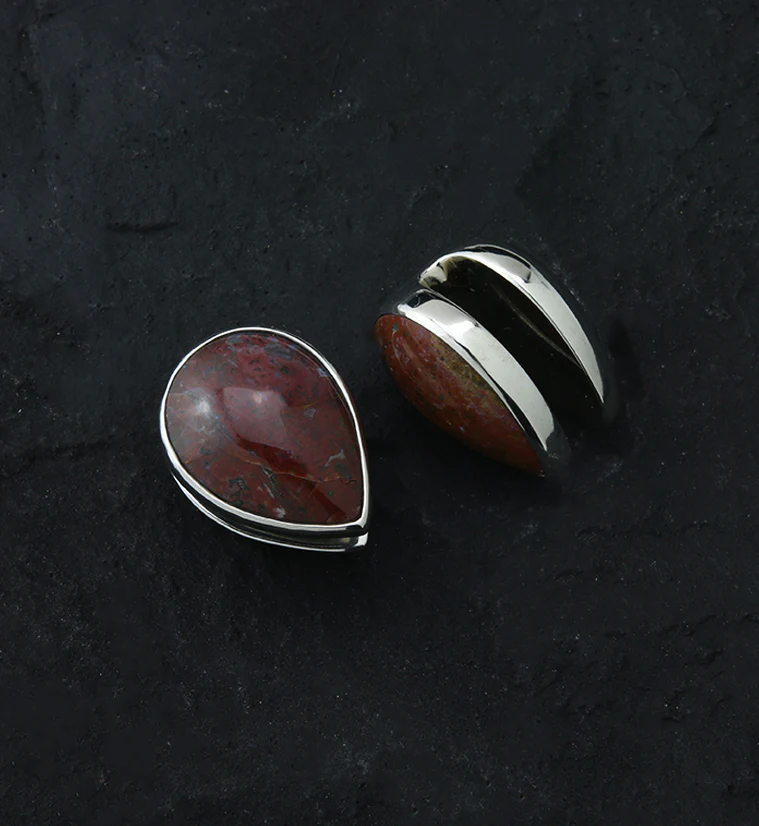 Peak Red Moss Agate Stone White Brass Ear Weights - Image 2