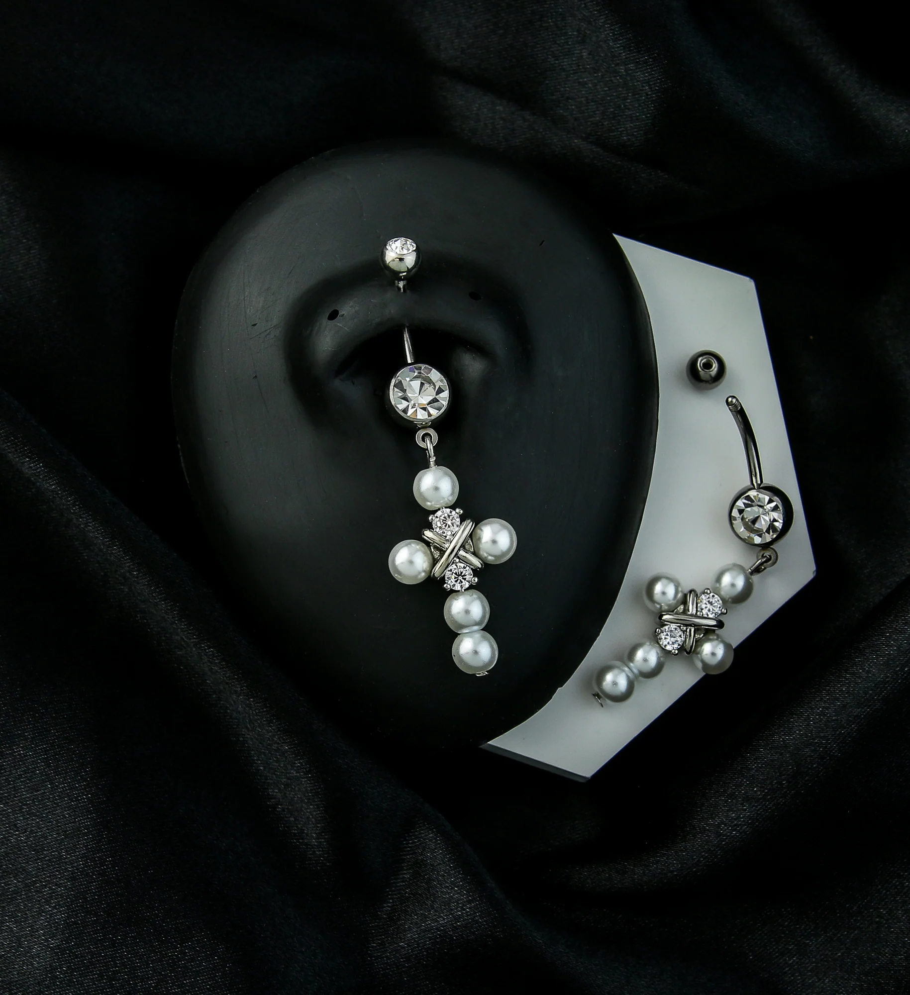 Pearl Cross CZ Dangle Stainless Steel Belly Button Ring - Image 2