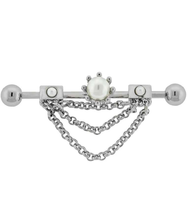 Pearl Dangle Chain Industrial Barbell