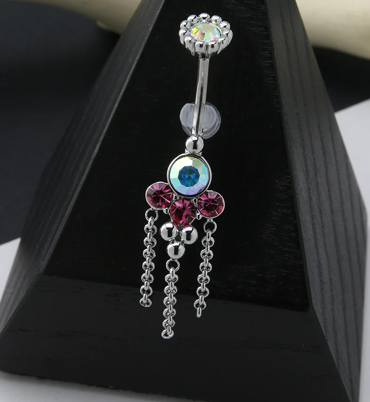 Pink and Rainbow Aurora CZ Array Dangle Chain Belly Button Ring - Image 2