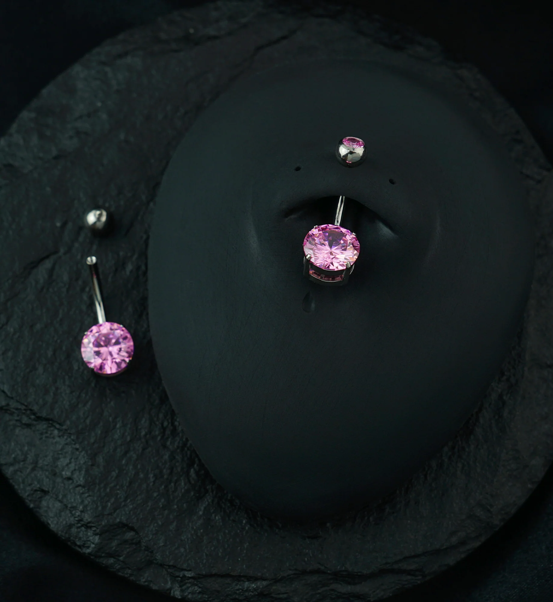 Pink CZ Prong/Bezel Internally Threaded Titanium Belly Button Ring - Image 2