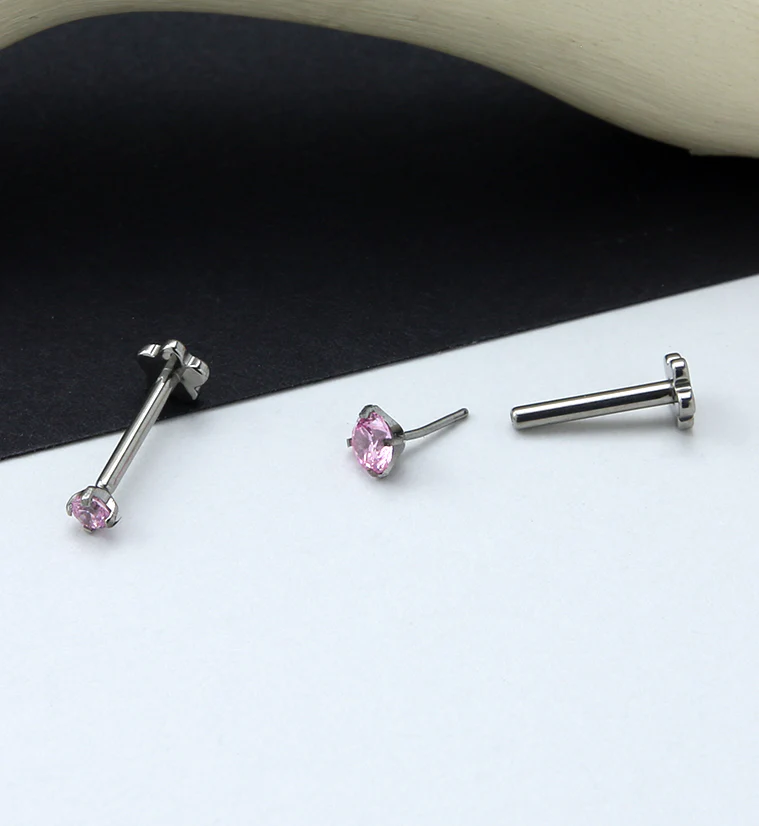 Pink CZ Titanium Threadless Labret - Image 2
