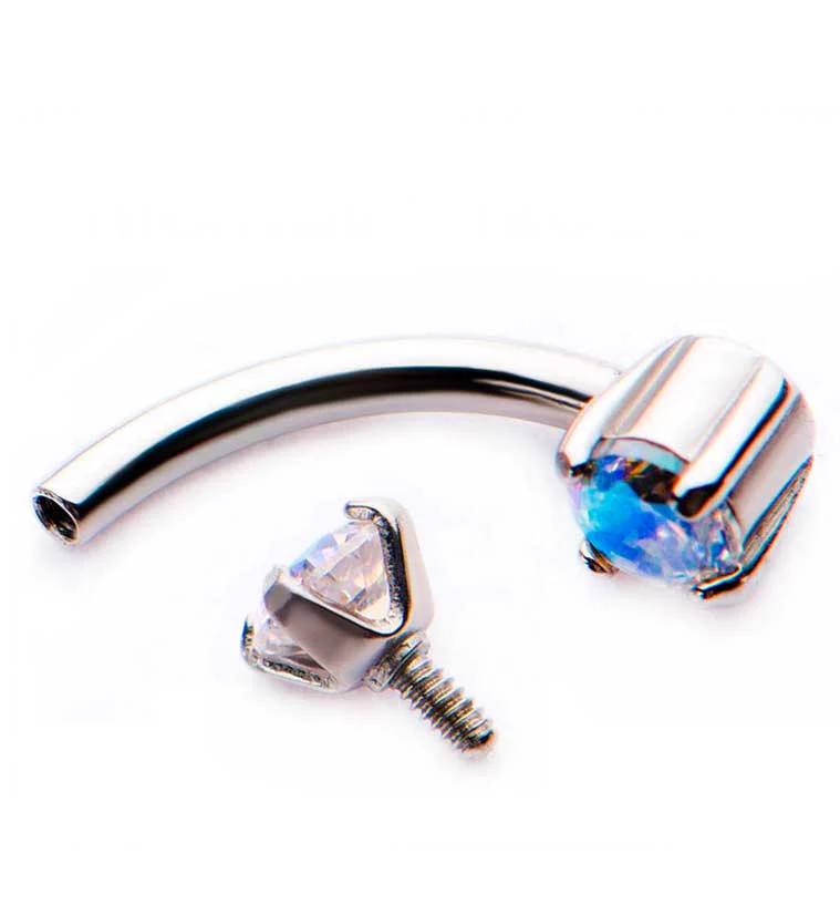 Pink Double Opal Prong Set Stainless Steel Curved Barbell - Image 2