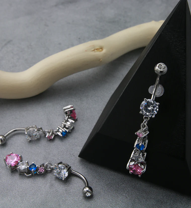 Pink Heart & Gem Dangle Belly Button Ring - Image 2