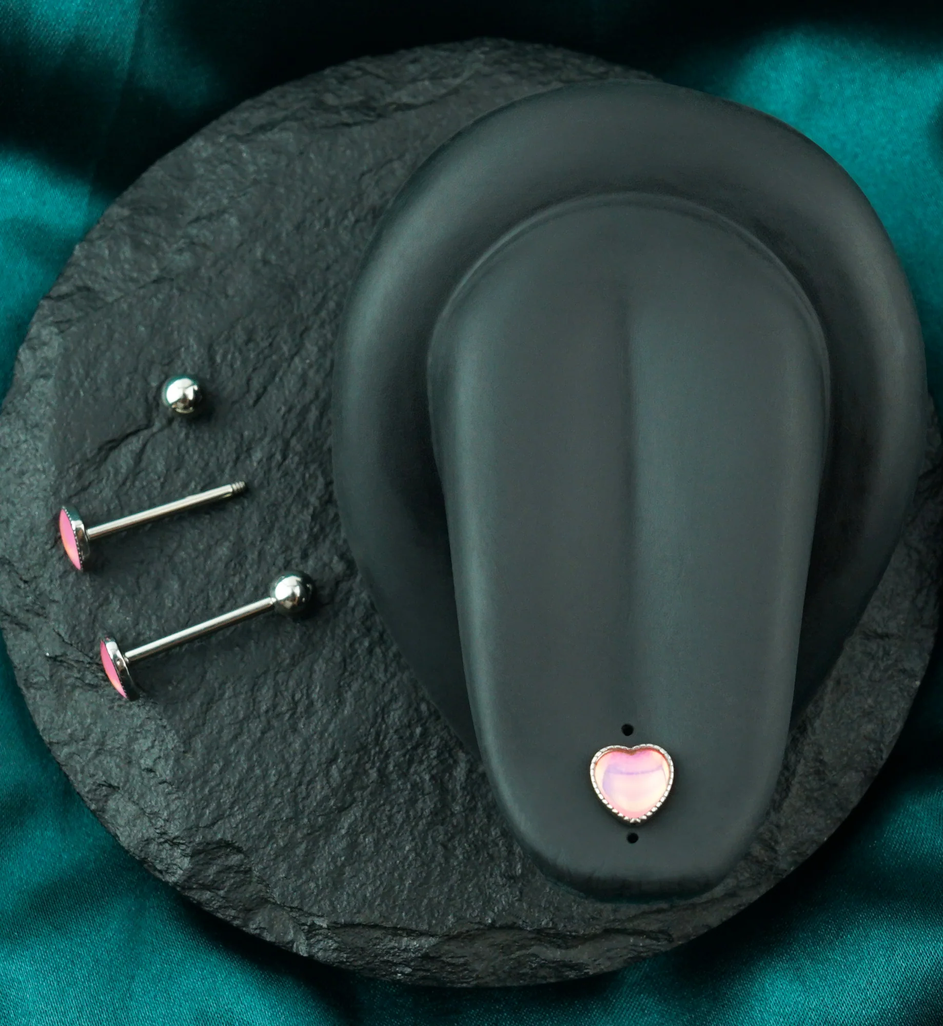 Pink Iridescent Heart Stainless Steel Barbell - Image 2