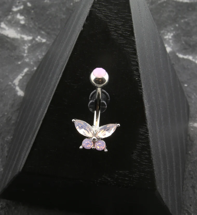 Pink Opalite Butterfly Stainless Steel Belly Button Ring - Image 2