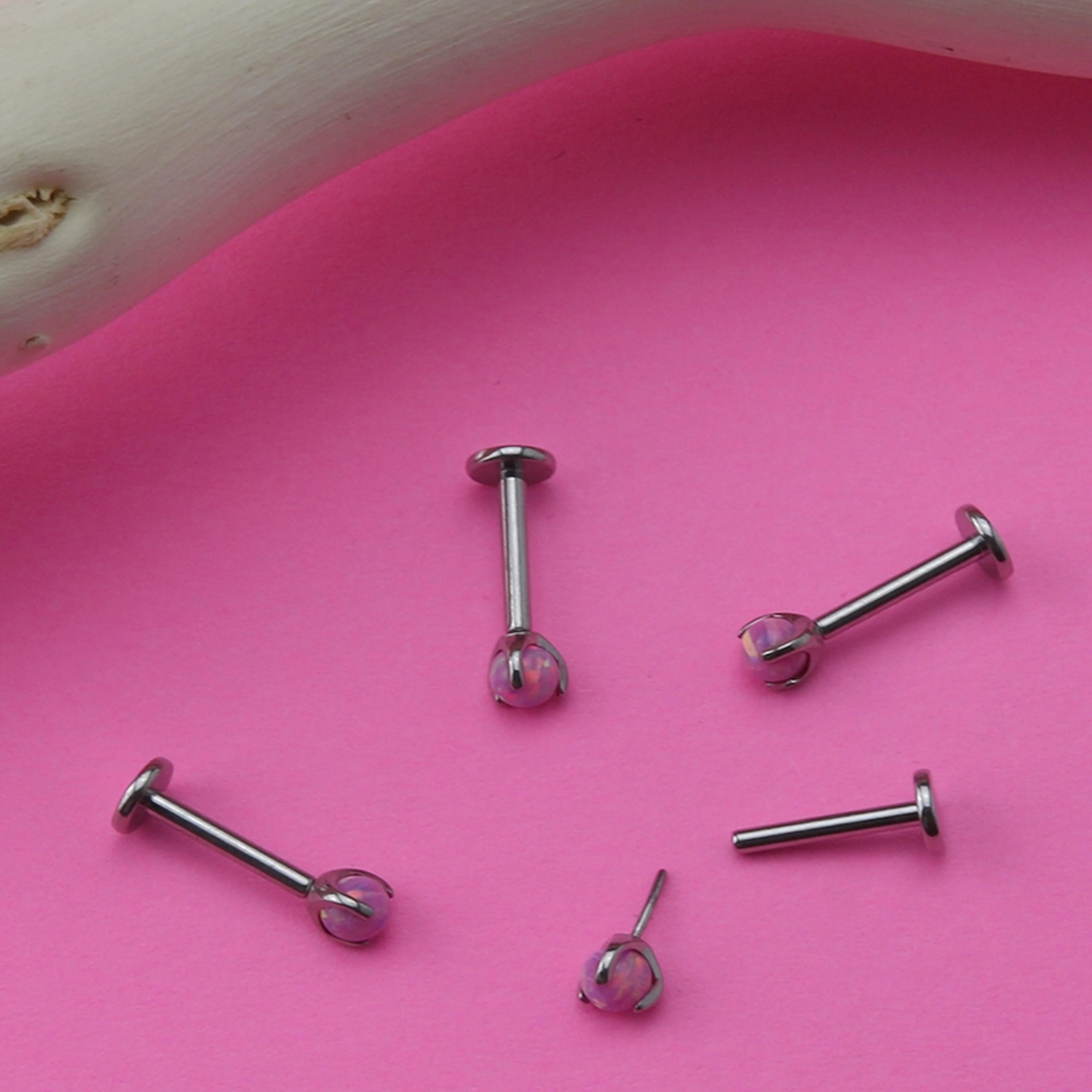 Pink Opalite Claw Set Titanium Threadless Labret - Image 3