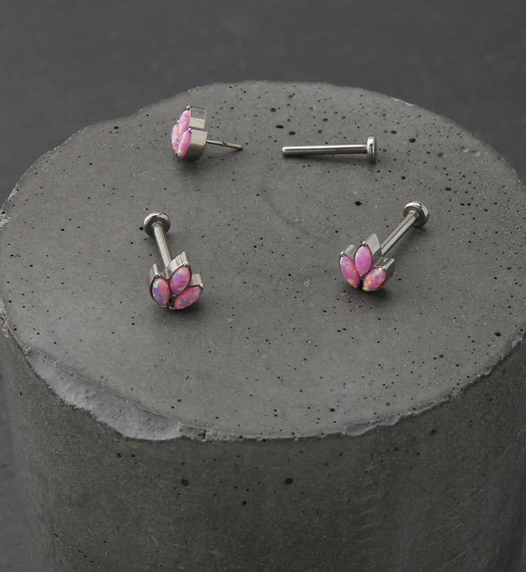 Pink Opalite Tri Sepal Titanium Threadless Labret - Image 2