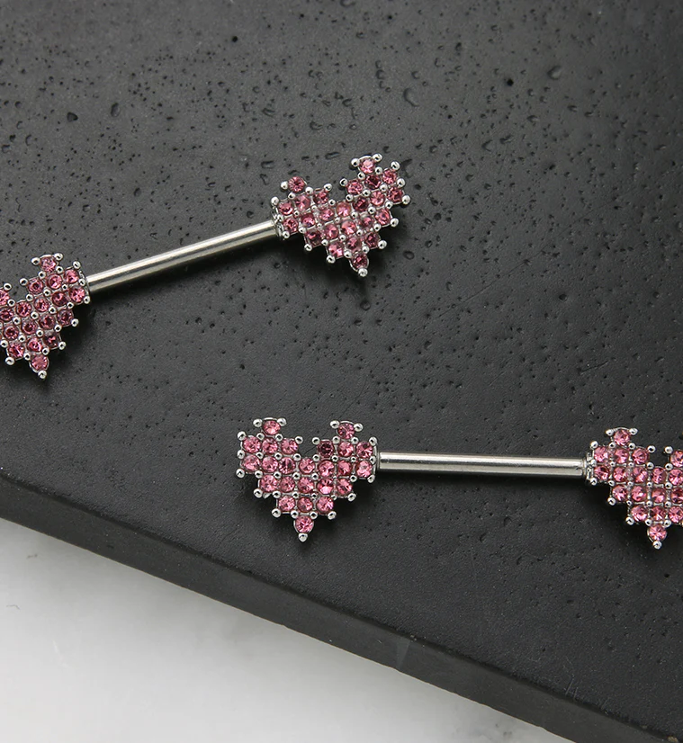 Pink Pixel CZ Hearts Stainless Steel Nipple Barbell - Image 2