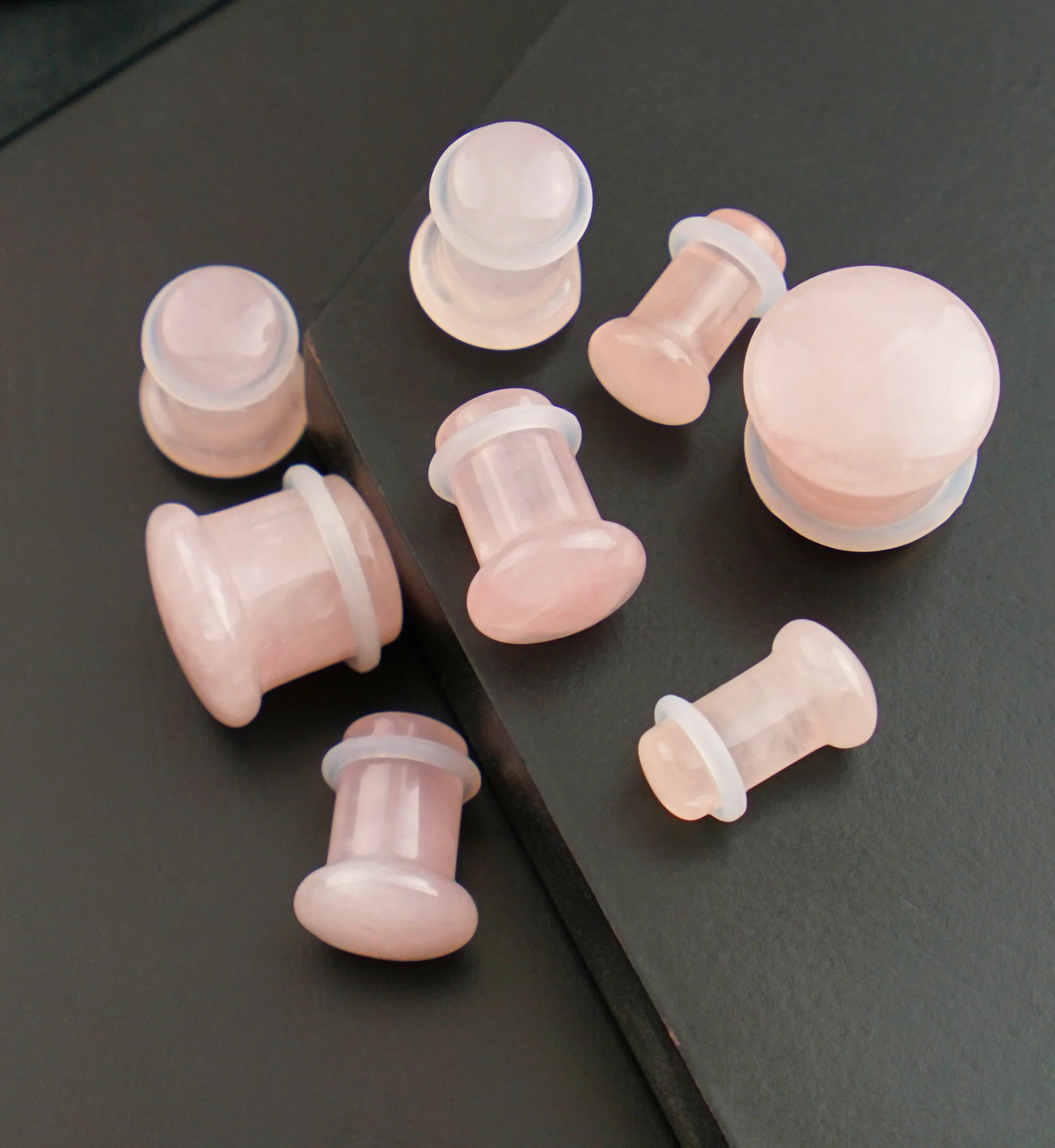 Pink Rose Quartz Stone Plugs - Single Flare with Grooves - Image 2